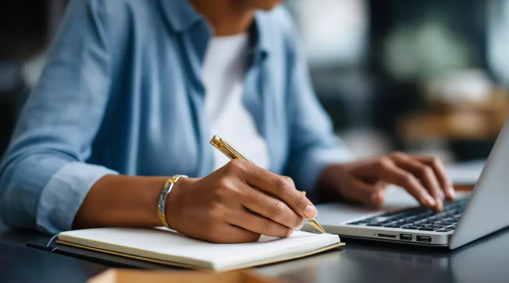 woman writing and researching on a computer
